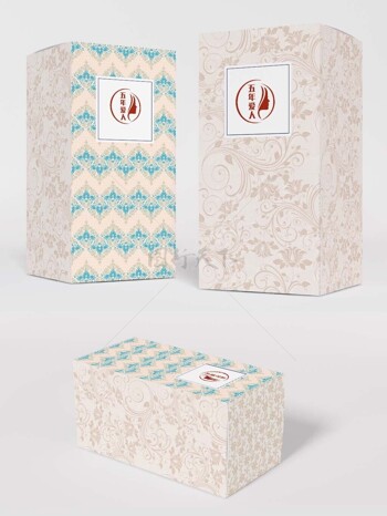 蓝色印花花纹立体礼盒包装拆分平面样机图