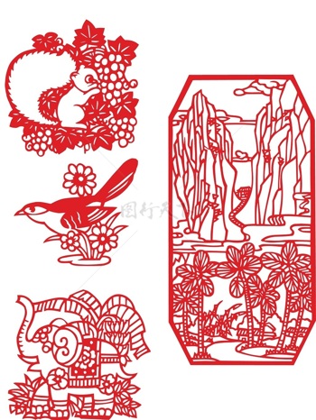 中国传统剪纸窗花松鼠小鸟大象山水