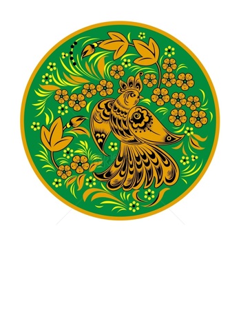 传统 欧式俄式 圆形花卉图案背景贴图 绿底单鸟棕色枝蔓