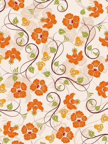 传统 欧式俄式花卉底图底纹  图案背景贴图  浅底橙色小花加小蔓藤.