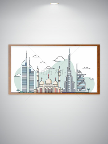 清新简约创意手绘迪拜城市建筑风光插画