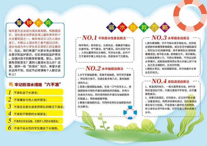 清新简约溺水自救方略三折页暑假安全手册